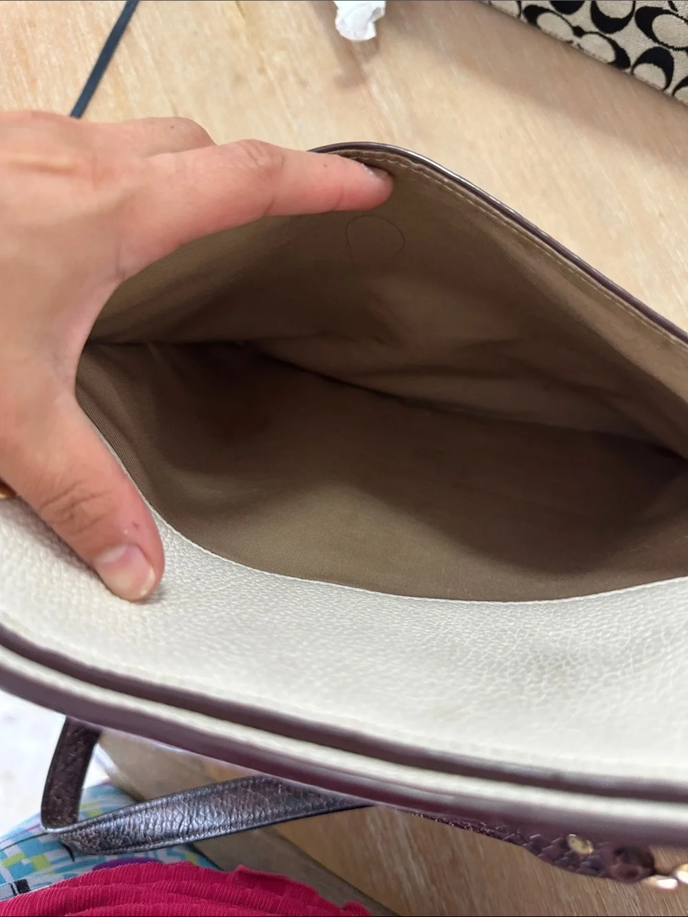 Coach Two-Tone Leather Tote in Cream and Peach with Gold Hardware